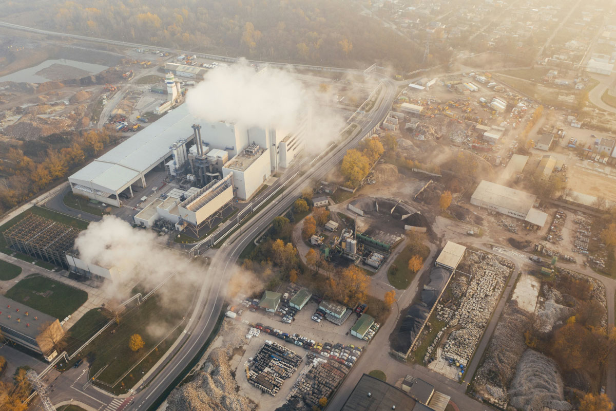 Aerial view of the industrial park, which produces a lot of emissions