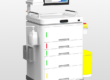 side view of a next generation IOT smart crash cart, white body, five layers with barcode scanner, indicator lights, and rotatable screen.