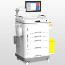 side view of a next generation IOT smart crash cart, white body, five layers with barcode scanner, indicator lights, and rotatable screen.